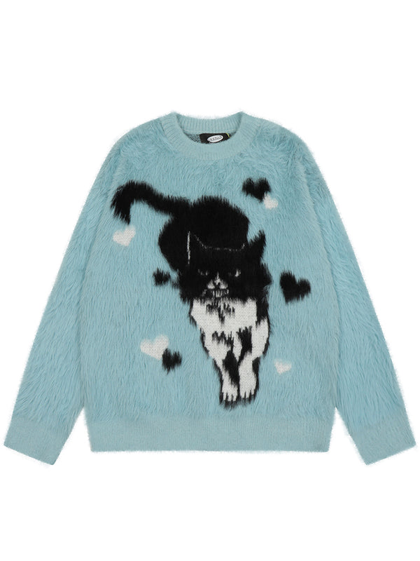 Streetwear Playful Fluffy Cat Pattern Knitted Pullover Sweaters