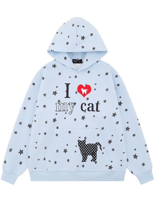 Oversized Cat Print Pullover Hoodies – Star Pattern, Casual Streetwear