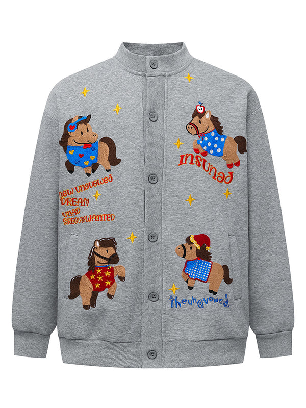 Cartoon Horse Embroidery Sweatshirt – Casual Streetwear Jackets Outerwear