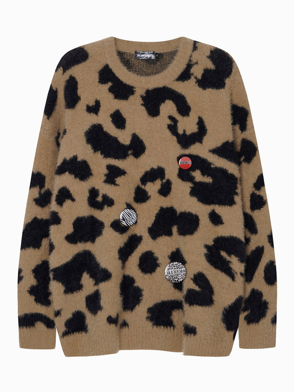 Decorative Badges Leopard Printed Knitted Pullover Sweaters