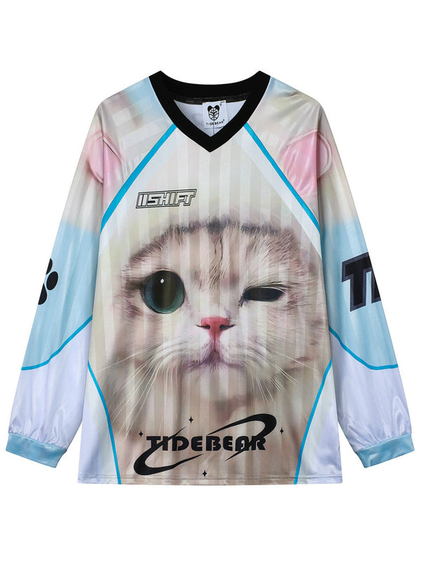 Cute Cat Graphic Long Sleeve Jersey Tshirts Oversized Streetwear Tops