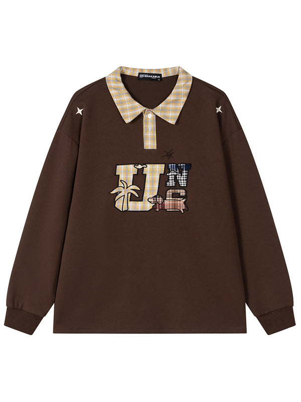 Oversized Long Sleeve Polo Shirt with Patchwork Collar and Dog Graphic
