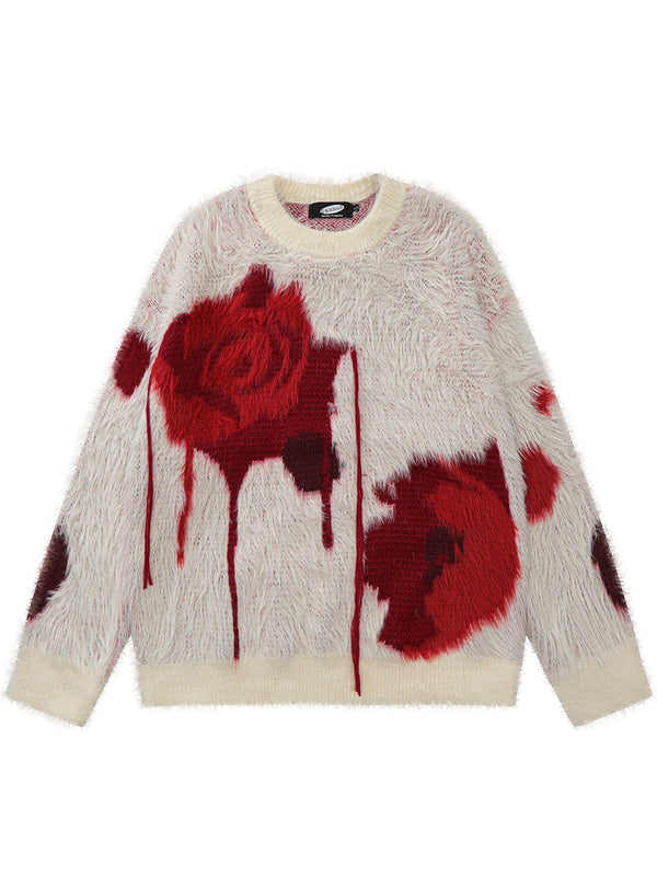 Streetwear Fluffy Floral Pattern Pullover Sweaters Fuzzy Knitwear