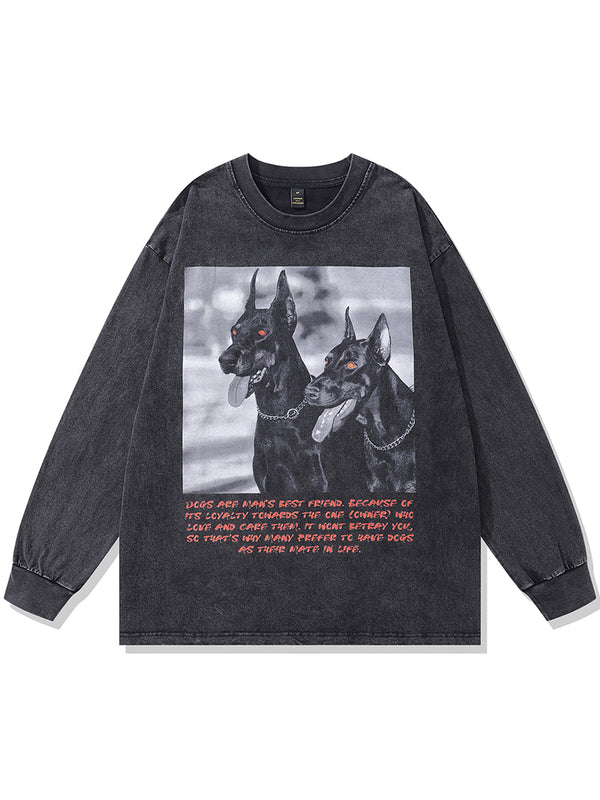 Vintage Doberman Graphic Printed Long Sleeve Oversized T-Shirts