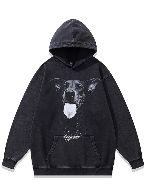 Oversized Dog Graphic Hoodie – Vintage Washed Cotton Streetwear Pullover