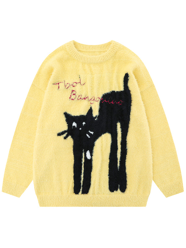 Playful Cat Graphic Pullovers Knitted Jumper Sweaters