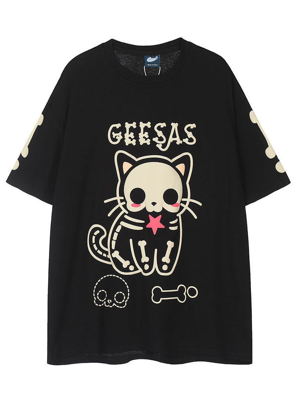 Cute Cat Skeleton Foam Printing Streetwear Graphic Tshirts