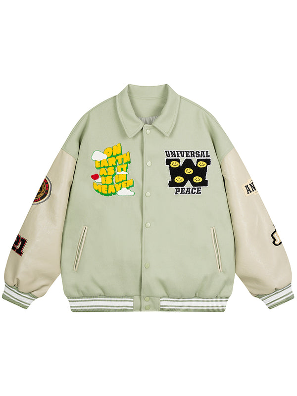 Oversized Varsity Jacket with Creative Patchwork Embroidery Coats
