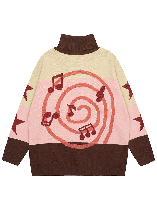 Cozy Music Note Patterned Turtleneck Sweaters Unisex Casual Knitwear