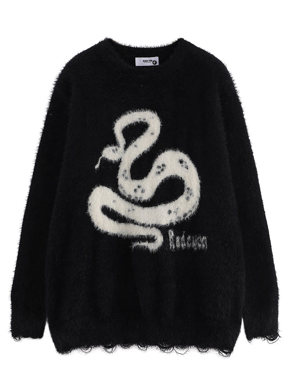 Streetwear Cozy Fuzzy Snake Graphic Knitted Pullover Sweaters