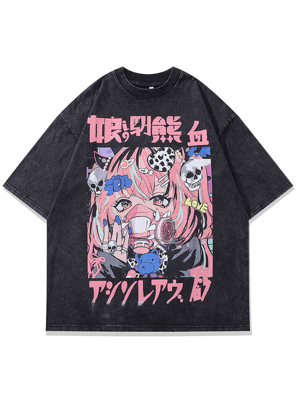 Japanese Anime Cartoon Girl Skull Graphic Washed Tshirts