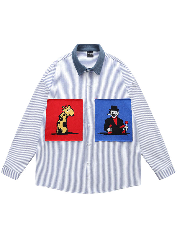 Streetwear Cartoon Patchwork Graphic Contrast Collar Striped Shirts