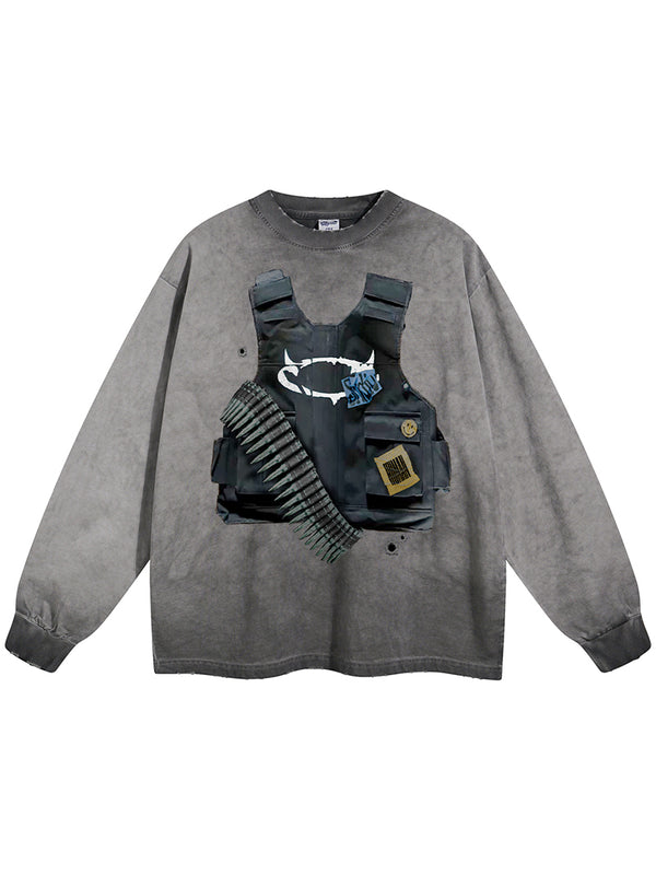Oversized 3D Graphic Long Sleeve T-Shirt – Washed 100% Cotton Streetwear Top