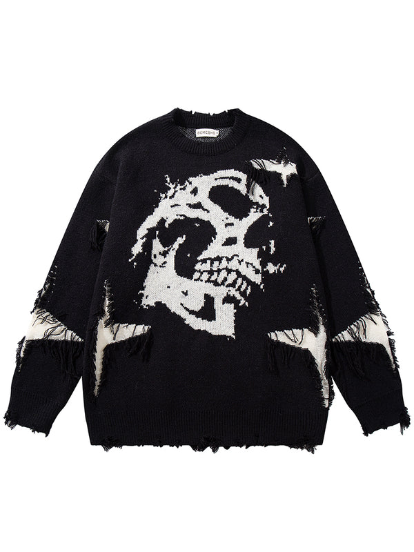 Distressed Skull Graphic Sweater – Oversized Streetwear Pullovers
