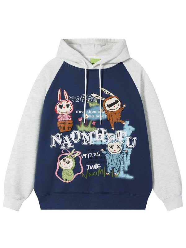 Kawaii Bunny Graphic Hoodie – Oversized Color Block Fleece Sweatshirts