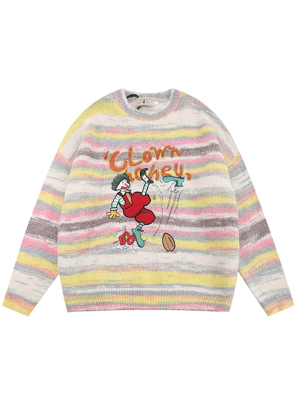 Embroidered Clown Graphic Playful Striped Knitted Pullover Sweaters