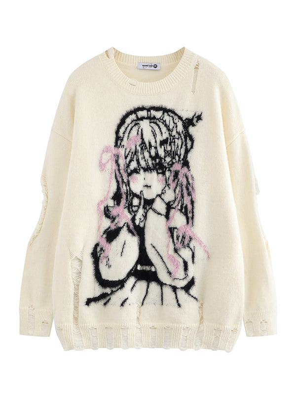 Cozy Ripped Hole Cartoon Graphic Knitted Pullover Sweaters