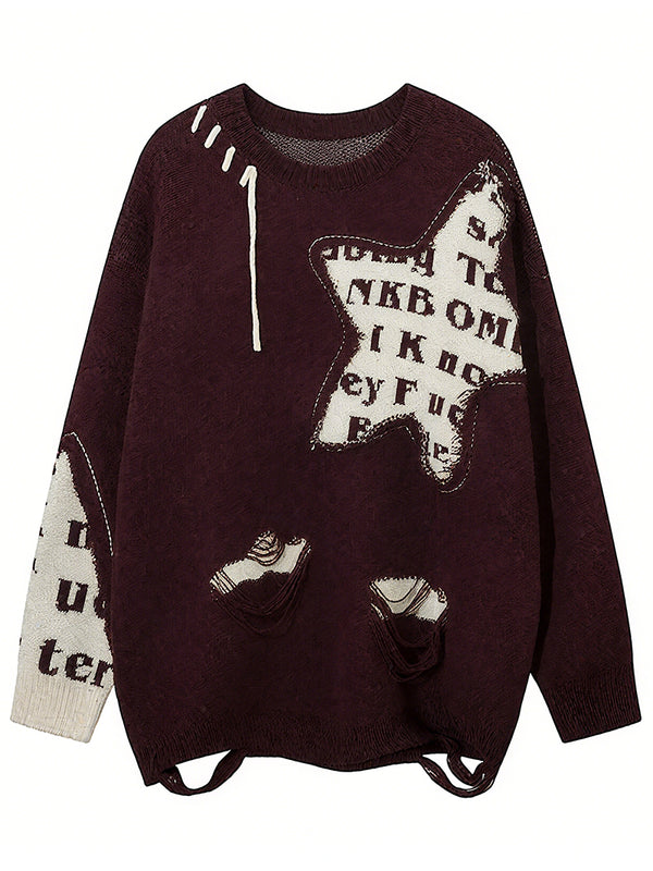 Trendy Patchwork Star Knitted Sweater – Oversized Streetwear Pullover
