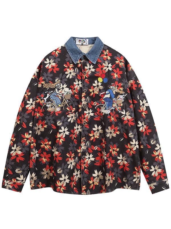 Floral Print Cyclists Embroidered Blouse Denim Collar Shirts