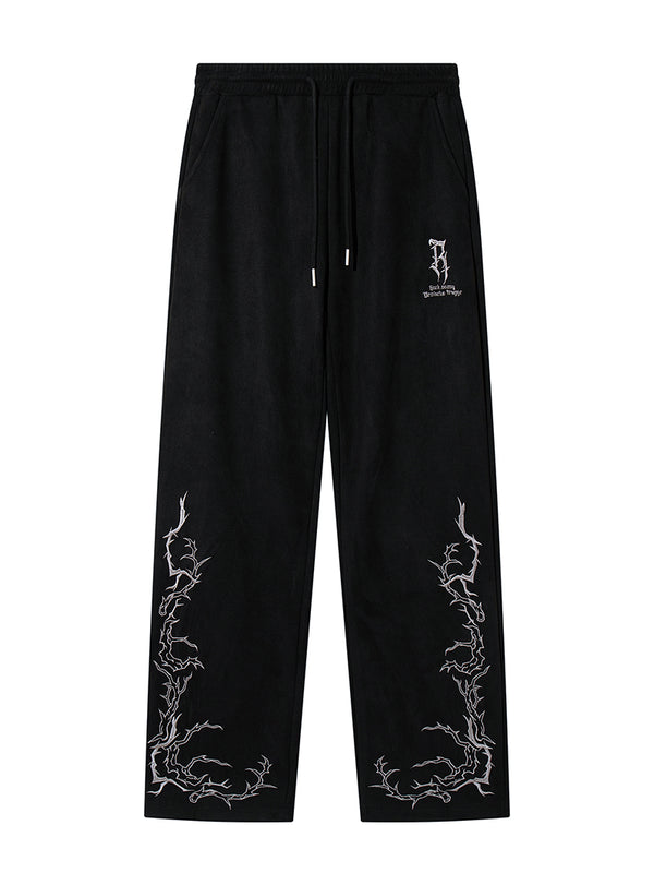 Faux Suede Embroidered Sweatpants – Streetwear Drawstring Joggers