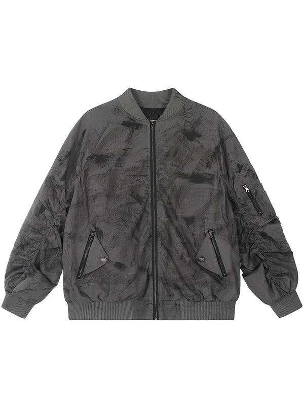 Distressed Pleated Charcoal Baseball Bomber Jackets Outerwear