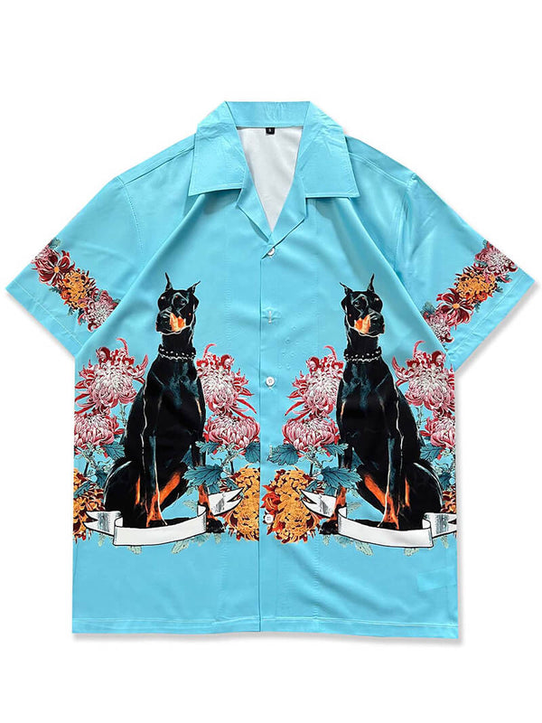 Doberman Dog Flower Graphic Print Hawaiian Beach Shirts