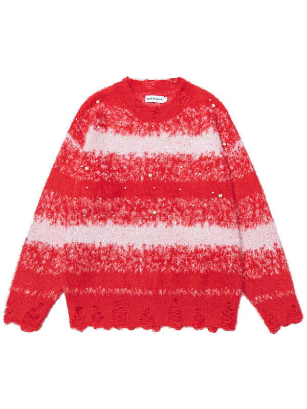 Striped Fuzzy Knitted Sweater with Pearl Embellishments and Distressed Hem