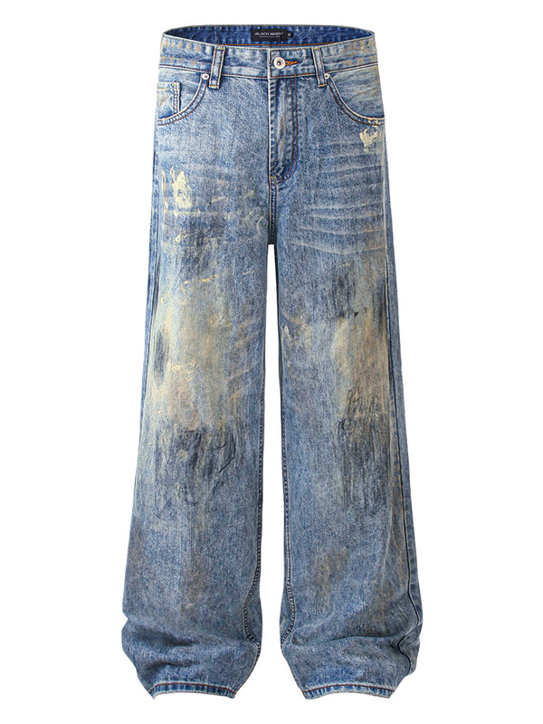 Streetwear Grunge Distressed Denim Pants Dirt Treatment Jeans