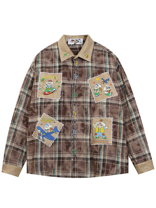 Vintage Plaid Embroidery Cartoon Patchwork Button Up Shirts