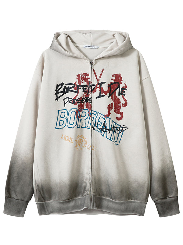 Streetwear Grunge Graphic Print Gradient Zip-Up Pullover Hoodies