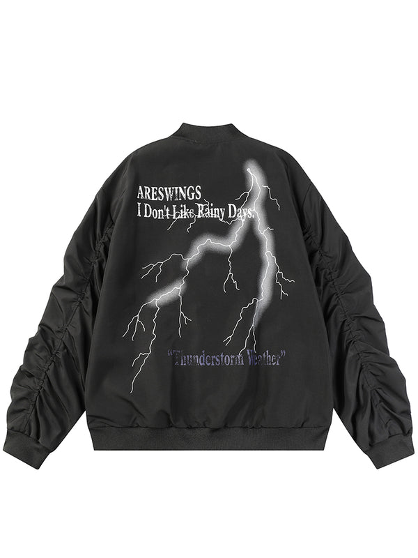 Streetwear Lightning Graphic Print Pleated Sleeve Bomber Jackets