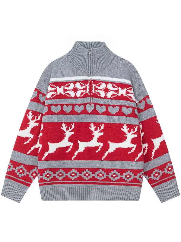 Half Zip Turtleneck Nordic Reindeer Knitted Sweaters Pullover