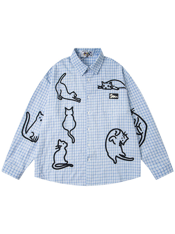 Oversized Plaid Shirt with Playful Cat Graphic Streetwear Casual Tops