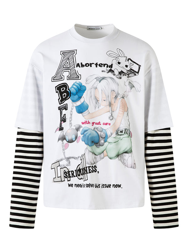 Oversized Graphic Striped Long Sleeves T-Shirt Anime Streetwear Top