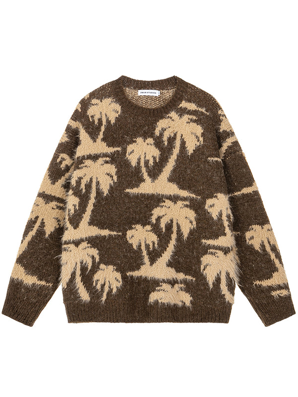 Cozy Palm Tree Patterned Knitted Sweaters Tropical Style Knitwear