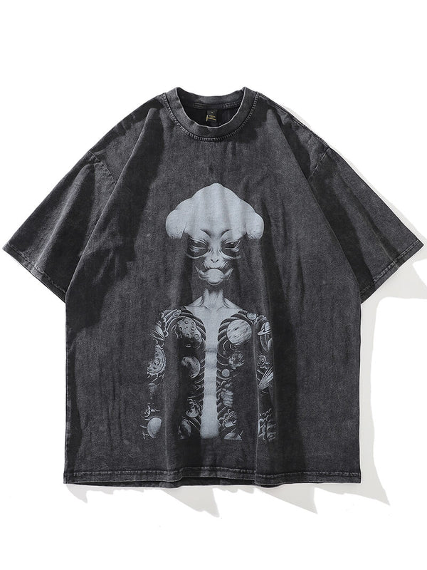 Funny Alien Graphic Printed Oversized Washed Tshirts