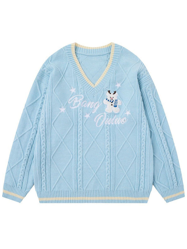 Cute Bear Embroidery V-Neck Knitted Sweaters Casual Pullovers