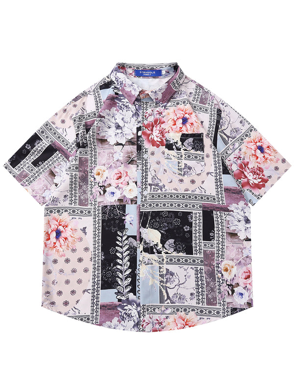 Vintage Floral Patchwork Print Short Sleeve Hawaiian Beach Shirts