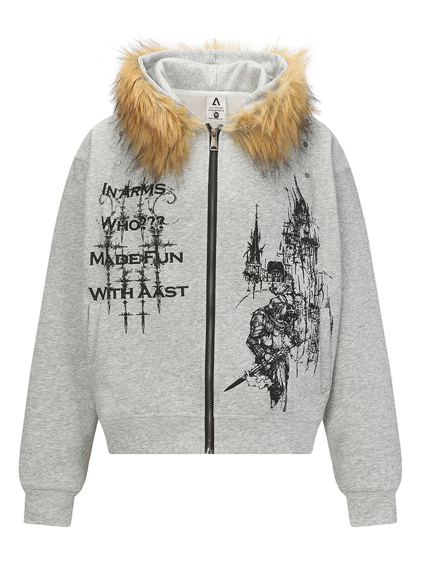Gothic Graphic Zip-Up Hoodie with Faux Fur Collar Streetwear Jackets