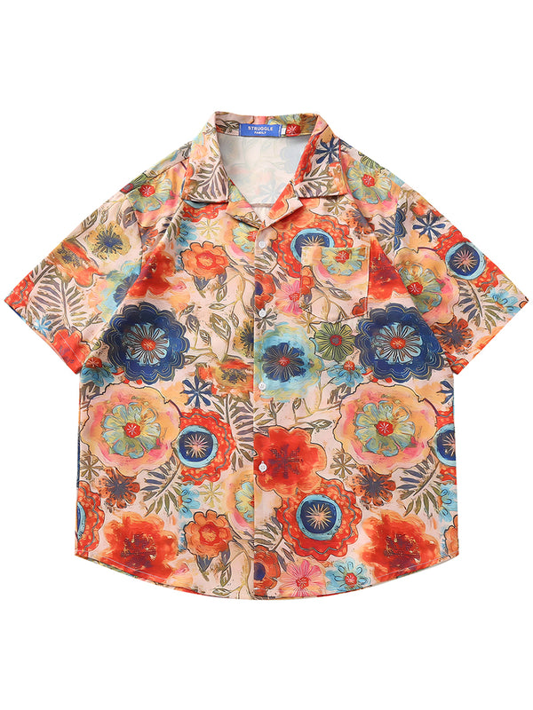 Vibrant Floral Print Short Sleeve Hoildays Hawaiian Beach Shirts