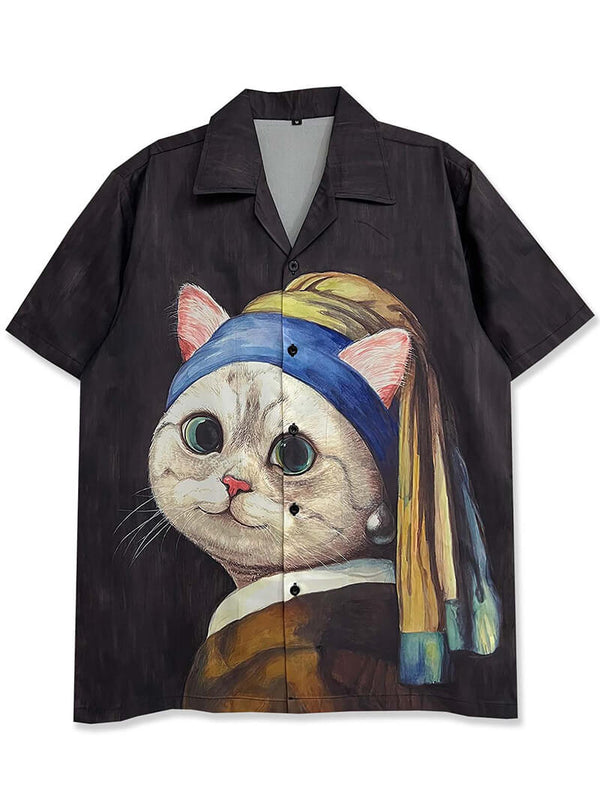 Funny Cartoon Cat Graphic Print Hawaiian Beach Shirts Tops