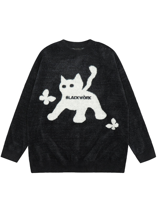 Cozy Cat Graphic Oversized Knitted Sweaters Streetwear Pullovers