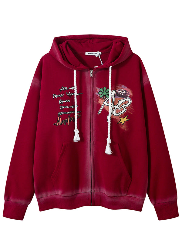 Urban Streetwear Graffiti Graphic Printed Zipper Hoodies