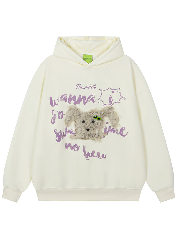 Oversized Hoodie with 3D Plush Dog – Cozy Silver Fox Fleece Sweatshirt