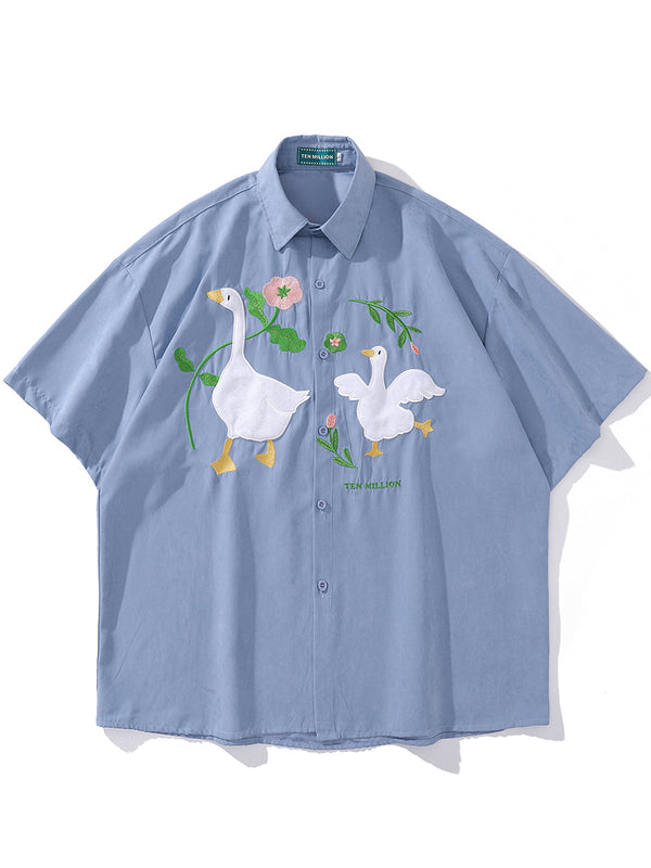 Streetwear Funny Embroidery Goose Patch Blouse Short Sleeve Shirts