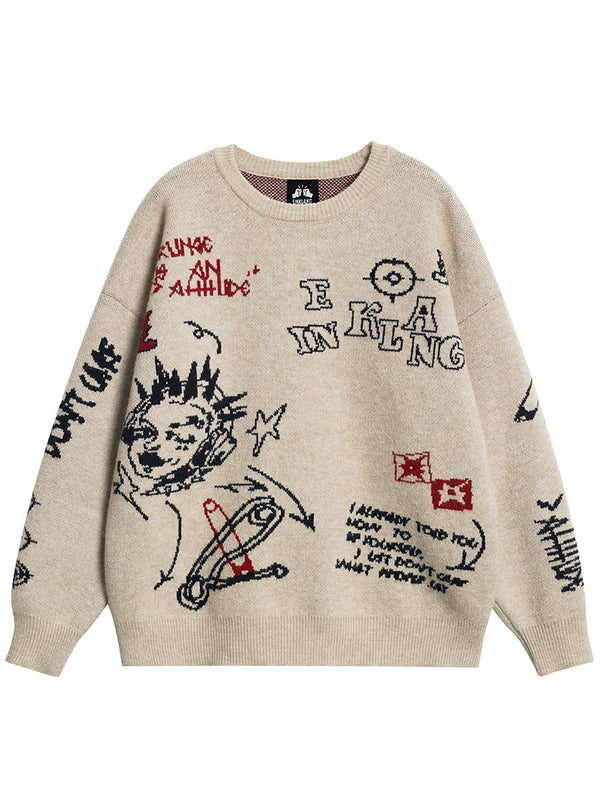 Streetwear Oversized Knitted Jumper Sweaters Graffiti Jacquard Pullovers