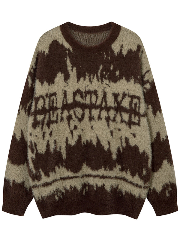 Streetwear Fuzzy Abstract Patterned Pullover Knitted Sweaters