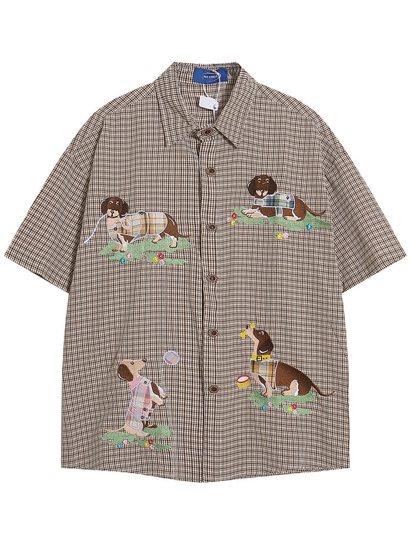 Dachshund Embroidery Stylish Oversized Plaid Checkered Shirts