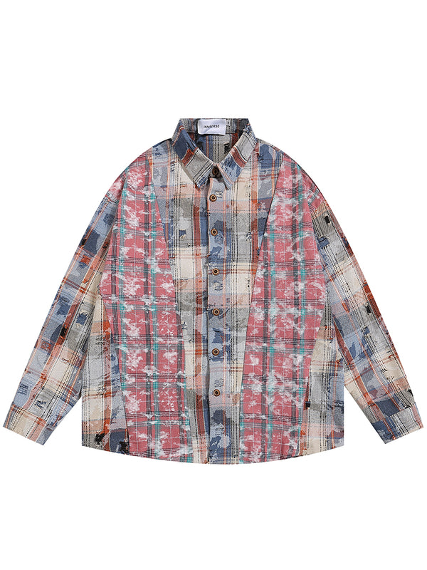 Vintage Patchwork Ripped Hole Streetwear Button Down Plaid Shirts