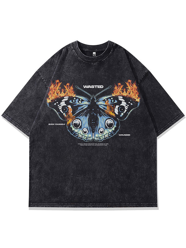 Flame Butterfly Graphic Print Punk Gothic Washed Tshirts